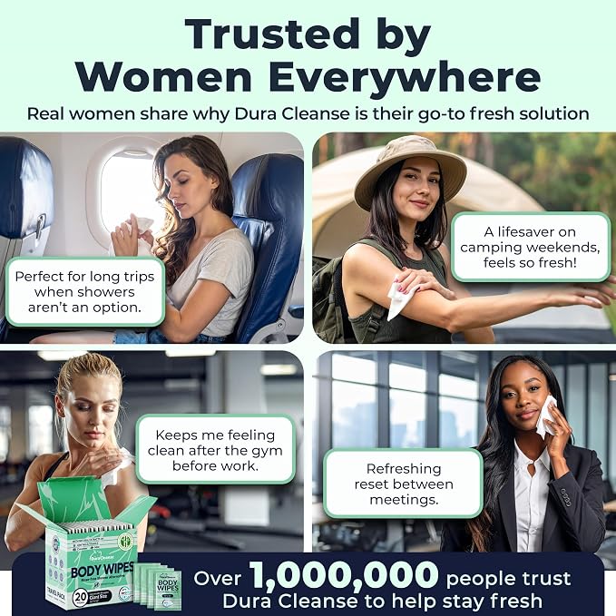 Travel Body Wipes for Women - 20 XL Shower Wipes for Adults Bathing No Rinse - Individually Wrapped 10”x10” Disposable Washcloths - Feminine Hygiene Essentials, Gym, Backpacking, Camping Must Haves