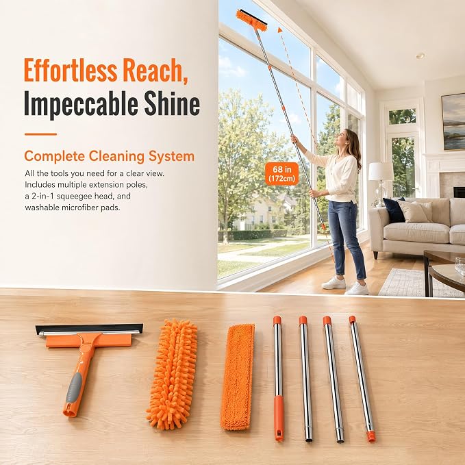 2-in-1 Window Cleaner Tool, 68'' Squeegee for Window Cleaning | Extension Pole, Scrubber with Rotating Head, Streak-Free Squeegee, Thickened Stainless Steel, In/Outdoor Washing Equipment