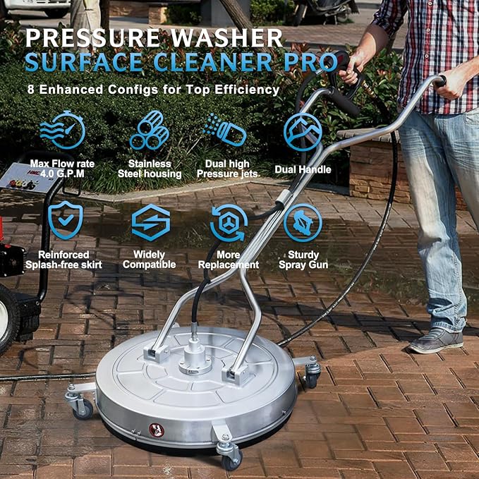 RAYNEL 24" Pressure Washer Surface Cleaner, Power Washer Accessory | Stainless Steel Housing, 4 Wheels, Dual Handles, 2 Hose Adapters, 5 Spray Nozzles & 4 Replacement Nozzles, Max 4000 PSI