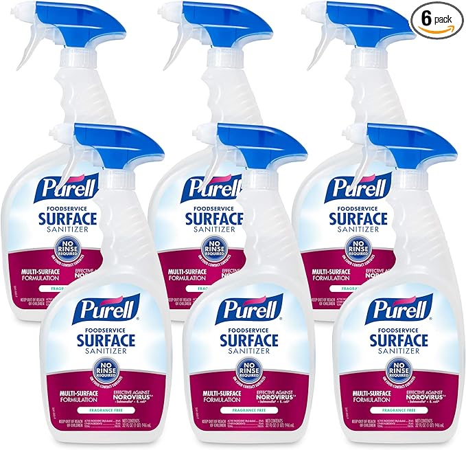 PURELL Foodservice Surface Sanitizer Spray, Fragrance Free, 32 fl oz Capped Bottle with Spray Trigger in Pack (Pack of 6) - 3341-06