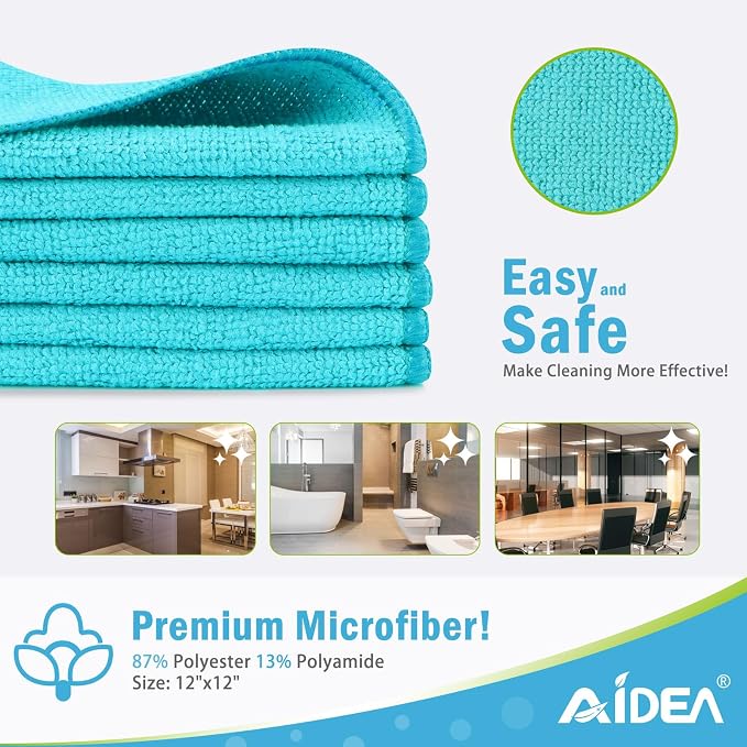 AIDEA Blue Microfiber Cleaning Cloth-12PK, Cleaning Rags 12"x 12" Absorbent | Microfiber Towels for Cars Lint Free, Reusable Microfiber Rags, Shop Towels Dish Rags for Kitchen/Home Cleaning Supplies