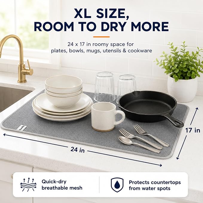 Dish Drying Mat 24 x 17 in, Large Microfiber Drying Mats, Absorbent Quick Dry Pad for Kitchen Counter, Countertop Protector for Dishes, Pots & Pans, Machine Washable, Gray (2 PCS)
