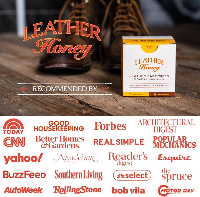 Leather Honey Leather Wipe Kit – Non-Toxic Cleaner & Conditioner | 5 cleaner & 5 conditioner wipes. Same trusted formulas, made in the USA. For any color leather — car seats, shoes & bags.