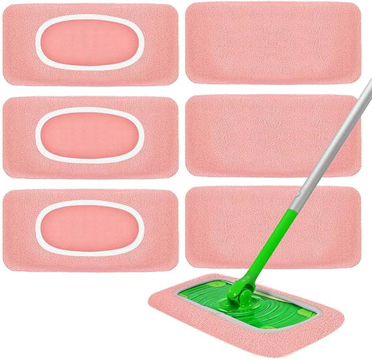 6 Pack Reusable Microfiber Mop Pads - Compatible with Sweeper, Reusable Mop Pads, Washable Dry Cloths & Wet Pads Refill for Hardwood Laminate Tile Floor Cleaning (6, Pink, M)