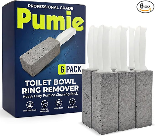 PUMIE Pumice Stone Toilet Bowl Cleaner (6-Pack) - Pumice Stone with Handle - Heavy Duty Toilet Bowl Scrubber for Rings, Bowls, Hard Water Stains, Lime, Rust, Sink - Includes Handle for Easy Use