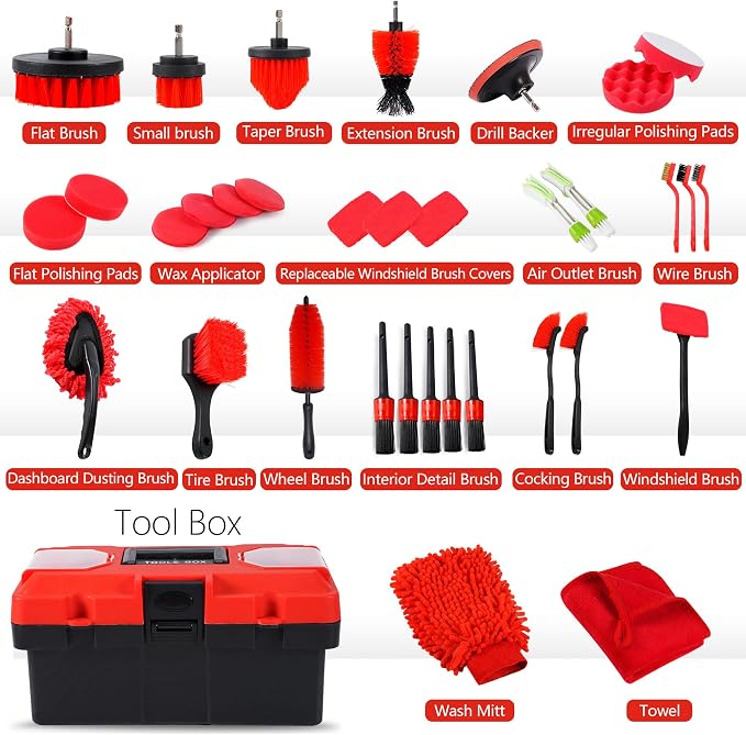 35Pcs Car Detailing Kit & Car Cleaning Kit, B：35PCS-R | Windshield Tool, Long Wheel Brush & 2 Angled Brushes, 4 Polishing Pads & 4 Wax Pads, Red Tool Box, Gift for Men