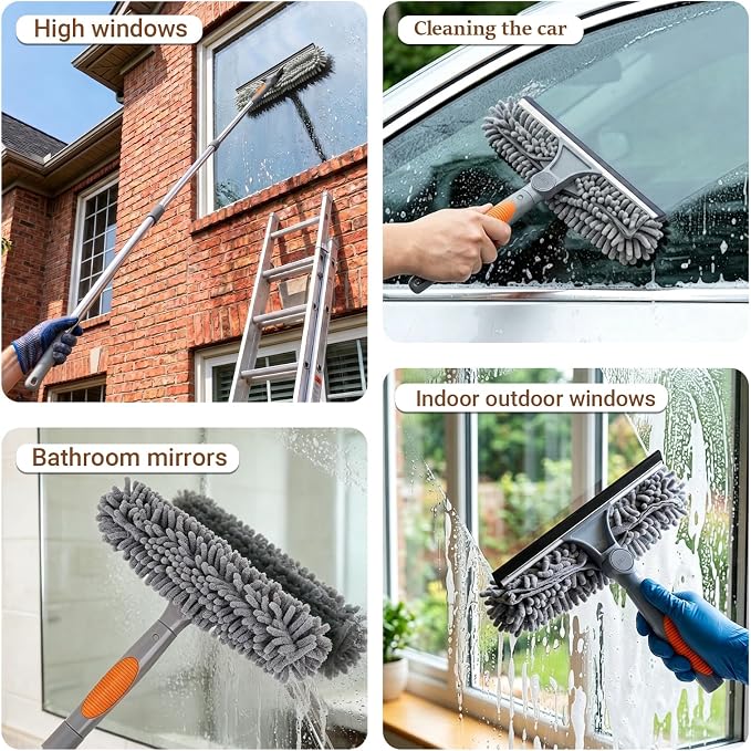 67" Window Squeegee for Window Cleaning with Extension Pole, 3-in-1 | Rotatable Lock Design,Stainless, Professional Window Cleaner Tool Kit for Indoor Outdoor High Windows,Car Glass,Shower Doors