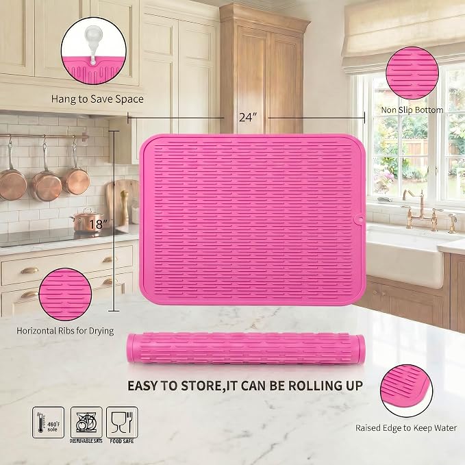 MicoYang Silicone Dish Drying Mat for Multiple Usage,Easy clean,Eco-friendly,Heat-resistant Silicone Mat for Kitchen Counter or Sink,Refrigerator or Drawer Liner Rose 2XL 24 inches x 18 inches