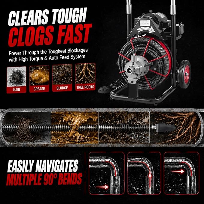 100 FT x 1/2 Inch Drain Cleaner Machine, 550W Electric Drain Auger with Auto Feed, Foot Switch & 8 Cutters, Sewer Snake for 1–4 Inch Pipes, Commercial Drain Cleaning Machine