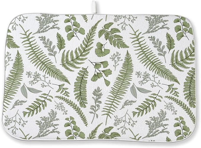 Sage Green Herb Leaves Dish Drying Mat 18 x 24 Inch Vintage Sage Green Leaf Plant Drying Mat for Kitchen Counter Absorbent Spring Summer Botanical Dishes Dry Pad for Drainer Rack Kitchen Fast Dry