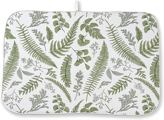 Sage Green Herb Leaves Dish Drying Mat 18 x 24 Inch Vintage Sage Green Leaf Plant Drying Mat for Kitchen Counter Absorbent Spring Summer Botanical Dishes Dry Pad for Drainer Rack Kitchen Fast Dry