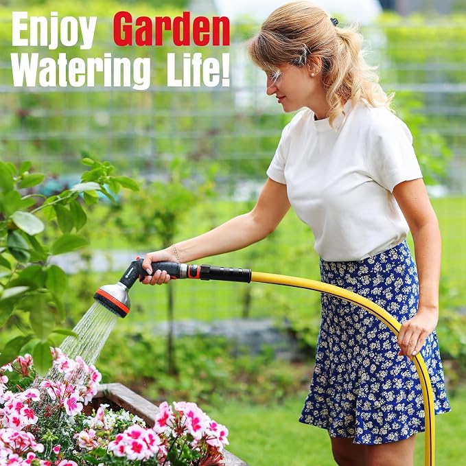 Garden Hose 75 ft x 5/8" with Nozzle, Water Hose Heavy Duty Flexible, Lightweight Kink-less Hybrid Hose with Swivel Handle, Male to Female Fittings