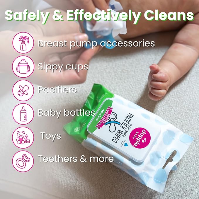 Dapple Baby Pacifier Wipes for Infants and Toddlers - (3 Pack) 40 Count - Fragrance-Free, Hypoallergenic & Food-Grade - Diaper Bag Essentials