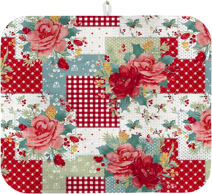 Dish Drying Mat for Kitchen Counter 16x18 Inch, Super Absorbent Dish Drainer Mat, Decorative Microfiber Dishes Drying Pad-Small(Red Flower)