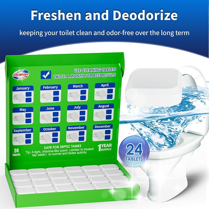 Toilet Bowl Cleaner Tablets, Leaves Bowl Sanitary, Freshens, Deodorizes, Descales & Repels Tough Stains, Helps Prevent Limescale Buildup, Safe for Septic Tanks, 24 Pack 1 Year Supply
