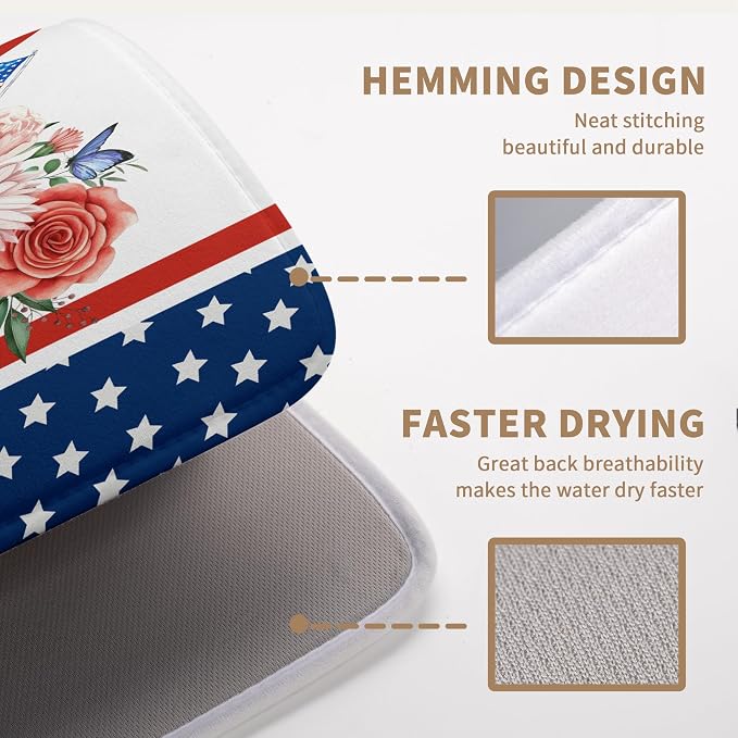 Patriotic Floral Summer Dish Drying Mats 4th of July Butterfly Flowers Dish Mat Kitchen Large Drying Matt Dishes Dryer Pad for Kitchen Counter Absorbent Microfiber Washable Foldable Reusable 18x24 in