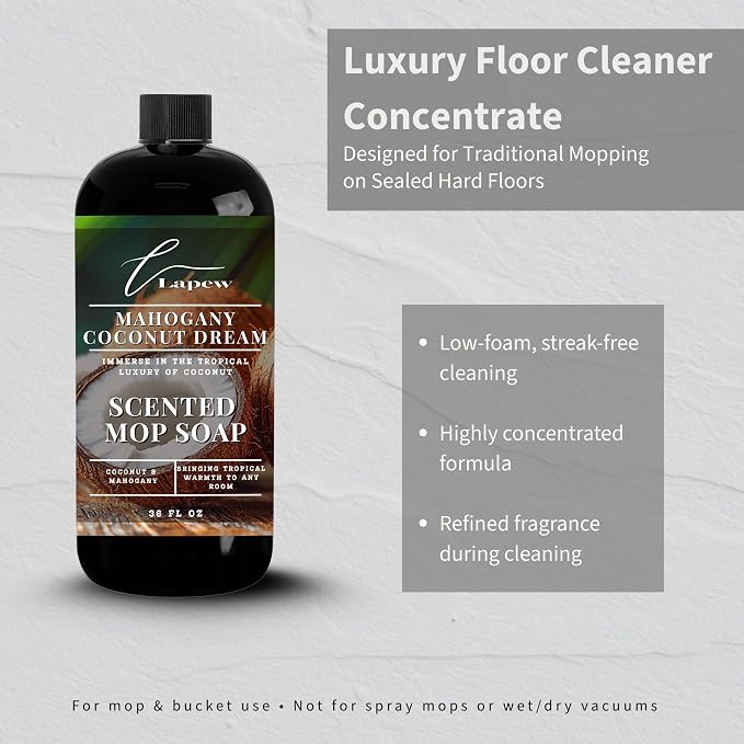 Lapew Mahogany Coconut Scented Mop Soap - Luxury Floor Cleaner Concentrate for Mopping Tile, Laminate, Vinyl & Hardwood | Streak-Free, Low-Foam | 36 oz