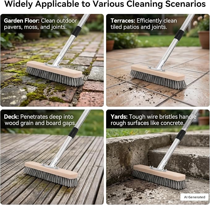 Stainless Steel Wire Scrub Brush with Long Handle, Heavy Duty Floor Scrubber Brush, Moss Remover Wire Broom for Deck, Rough Surface, Concrete Floor, Patio, Garden, Garage