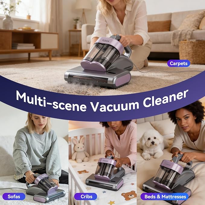 VUSIGN Mattress Vacuum Cleaner, 16Kpa Bed Vacuum Cleaner with 253.7nm UV-C Light, 140°F Heat, 40000RPM, HEPA Filter & Ultrasonic, Double-Cup Handheld Vacuums for Bed, Sofa, Couch, Crib(Corded, 500W)