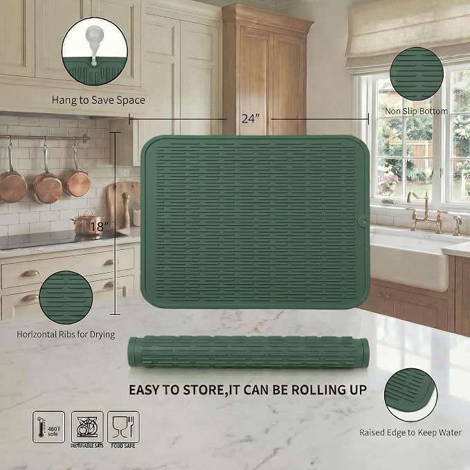 MicoYang Silicone Dish Drying Mat for Multiple Usage,Easy clean,Eco-friendly,Heat-resistant Silicone Mat for Kitchen Counter or Sink,Refrigerator or Drawer Liner Green 2XL 24 inches x 18 inches