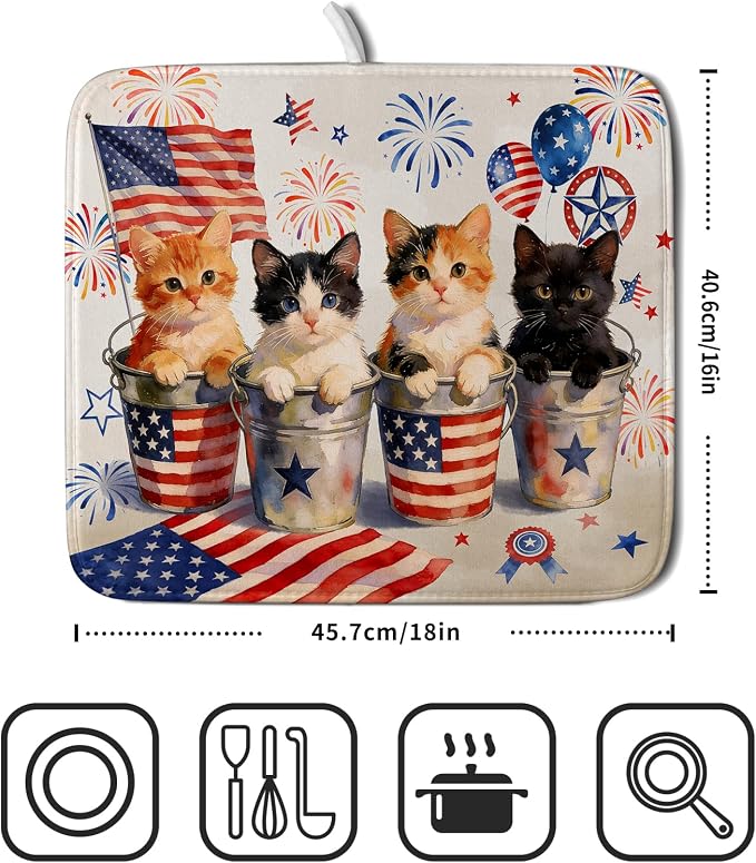 Happy 4th of July Patriotic Dish Drying Mat 16 x 18 In Independence Day Vintage Kitchen Drying Mat