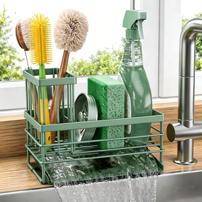 Cisily Sink Caddy Sponge Holder for Kitchen with Brush Holder and Stainless Steel Self Drain Tray, Rustproof Kitchen Sink Organizer for Sponge, Soap Dispenser Storage Accessories