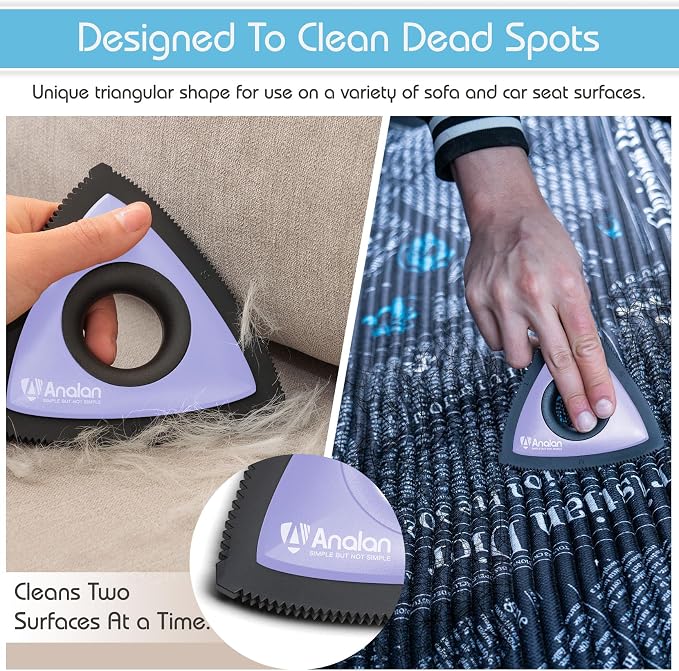 Analan Mini Pet Hair Remover for Car Detailing Dog Hair Tool Brush(Purple) | Deep Cleaning, Reusable Rubber, Gentle on Fabrics, Triangle Design For Car Interiors, Couch, Rugs, Carpet, Mats & Furniture