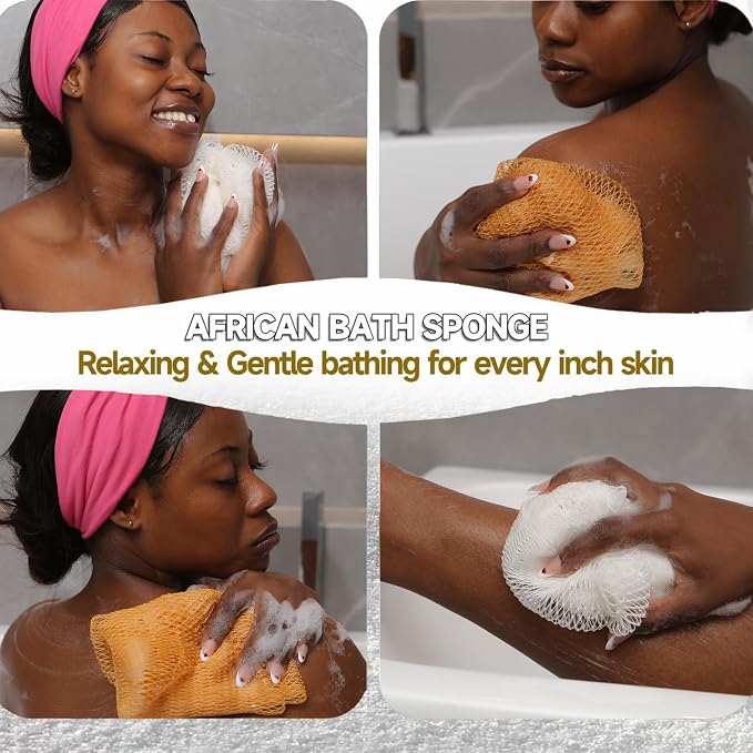 SubSahara Authentic African Net Sponge - 2 Pack Exfoliating Bath & Shower Loofah Sponge for Body & Face, Gentle Scrubber for All Skin Types, Travel, Durable