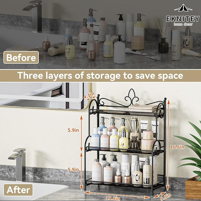 EKNITEY Bathroom Counter Organizer - 3 Tier Spice Rack(No Assembly) | Skincare Countertop Organizers, for Bathroom Kitchen Bedroom, Sturdy Metal Frame, Easy to Clean, Foldable, Black