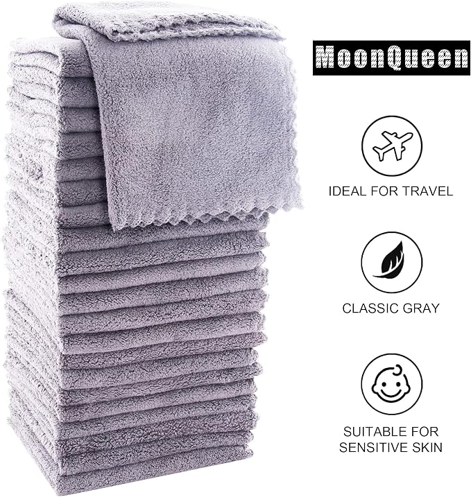 MOONQUEEN Ultra Soft Premium Washcloths Set - 12 x 12 inches - 24 Pack - Quick Drying - Highly Absorbent Coral Velvet Bathroom Wash Clothes - Use as Bath, Spa, Facial, Fingertip Towel (Light Grey)