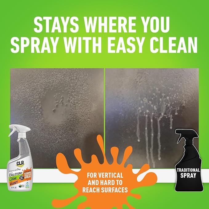 CLR Brands Calcium, Lime & Rust Remover with Cling, 22 oz. Spray Bottle, Adheres to Hard-to-Reach Surfaces, Blasts Calcium, Dissolves Lime Deposits, Zaps Stubborn Rust Stains and Hard Water Deposits