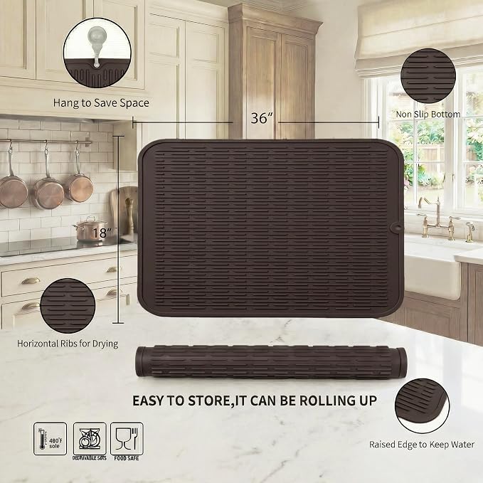 MicoYang Silicone Dish Drying Mat for Multiple Usage,Easy clean,Eco-friendly,Heat-resistant Silicone Mat for Kitchen Counter or Sink,Refrigerator or Drawer Liner Coffee 5XL 36inches x 18inches