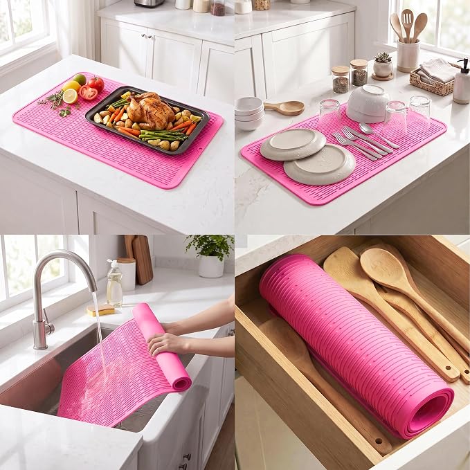 MicoYang Silicone Dish Drying Mat for Multiple Usage,Easy clean,Eco-friendly,Heat-resistant Silicone Mat for Kitchen Counter or Sink,Refrigerator or Drawer Liner Rose 4XL 32 inches x 18 inches