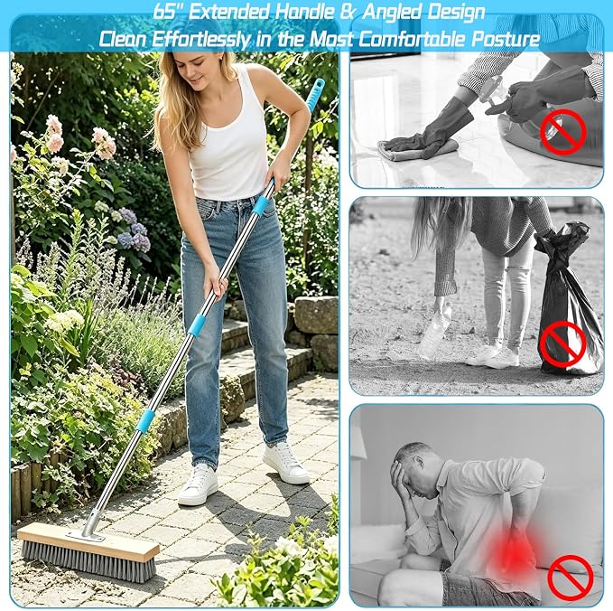 LINMAGOCO Stainless Steel Wire Scrub Brush with 63" Long Handle,12IN Outdoor Garden Broom, with a Wire Brush and a Soft Bristle Brush for Garden, Patio, Garage, Moss,Algae,Grime Remover