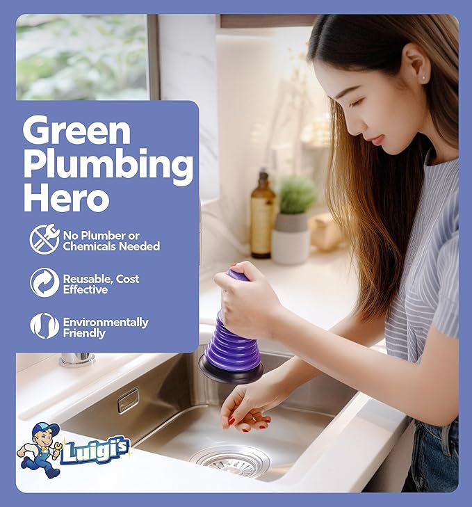 Luigi's Sink Plunger Kitchen - Sink Plunger Bathroom - Drain Bathtub or Shower - Small and Powerful Clog Remover - Commercial Style Plumbers Plungers with Large Bellows - Blue - Mini
