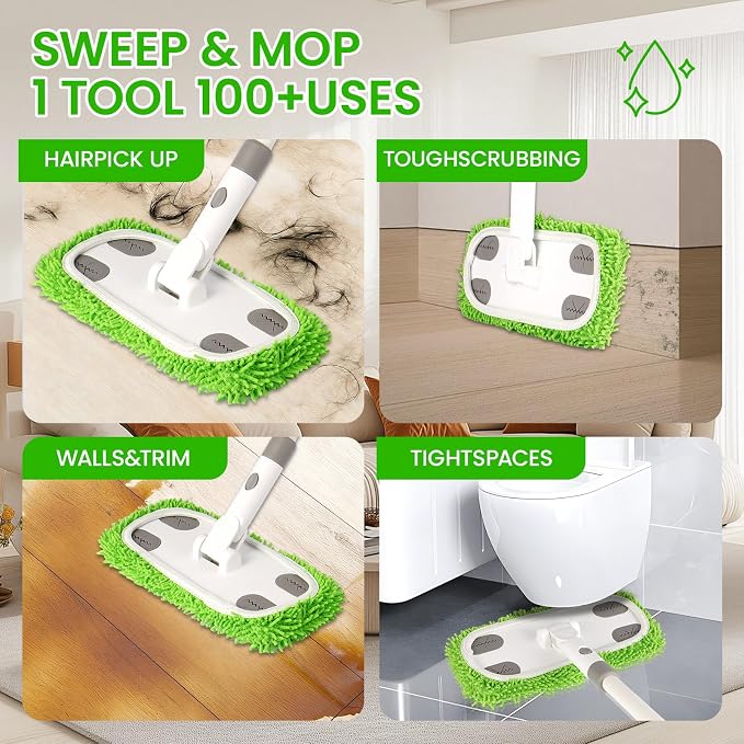 Reusable Microfiber Floor Mop System, Wet & Dry Sweeper Kit | Includes 1 Sweeper Handle, 3 Washable Chenille Mop Pads, Dry & Wet Use for Hardwood, Tile, and Laminate Floor