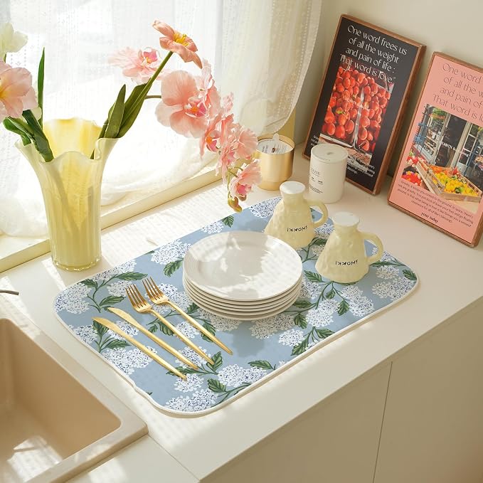 Light Blue Dish Drying Mat 18x24 Inch Vintage Blue Green Floral Hydrangea Flower Drying Mat Spring Summer Absorbent Dish Drying Pad Dish Rack Drainer Mats for Kitchen Dining Counter