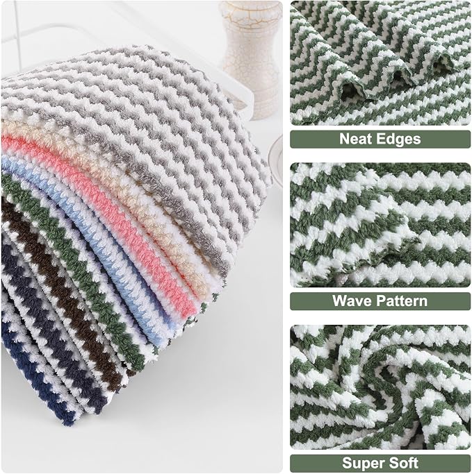 Homaxy 24 Pack Kitchen Dish Cloths, Ultra Soft and Absorbent Dish Towels, Reusable Fast Drying Microfiber Cleaning Cloth, Coral Velvet Wave Design No-lint, 10 x 10 inches, Grass Green
