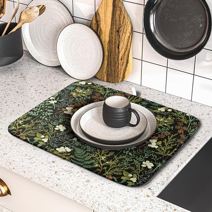 Green Plants Dish Drying Mat for Kitchen Counter Microfiber Absorbent Dish Draining Reusable Washable Foldable 16"x18"