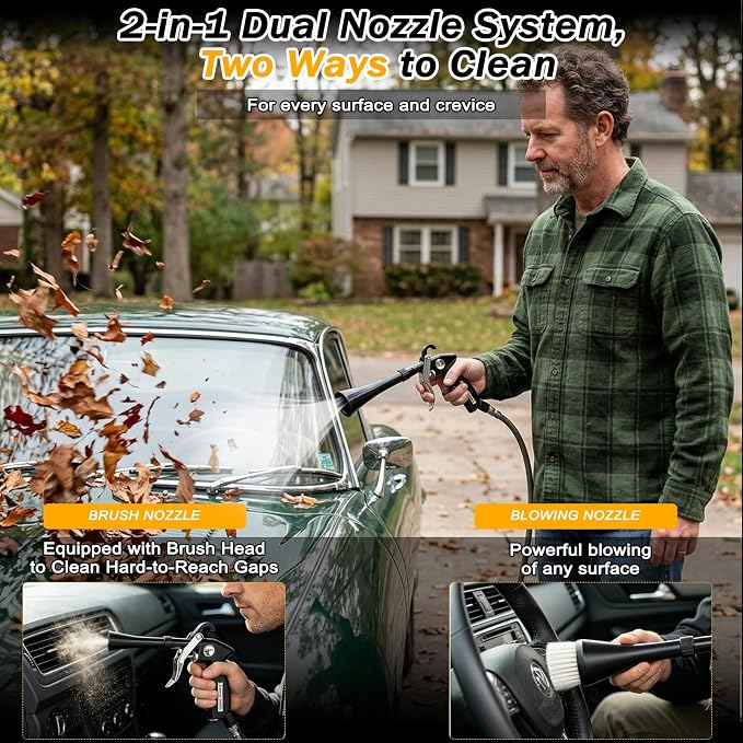Car Detailing Air Cleaning Gun - Dry Blower Gun Works with Air Compressor | High Pressure Air Blaster with 2 Nozzles 3 Brushes 3 Connectors, Ergonomic Duster Tool for Car Interior Detailing Cleaning