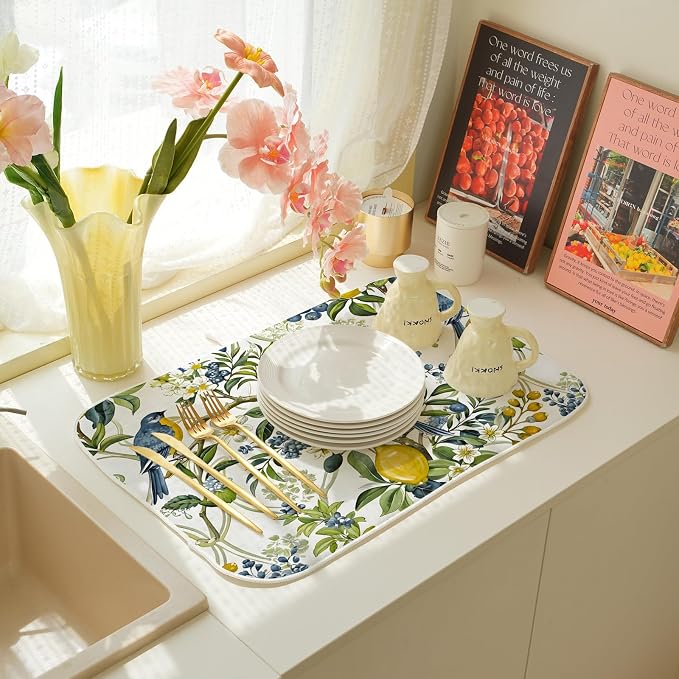 Sage Green Blue Bird Floral Dish Drying Mats 18x24 Inch Vintage Botanical Yellow Lemon Flower Decorative Kitchen Decor Absorbent Drying Pad Rack Drainer Mats for Kitchen Dining Room Counter