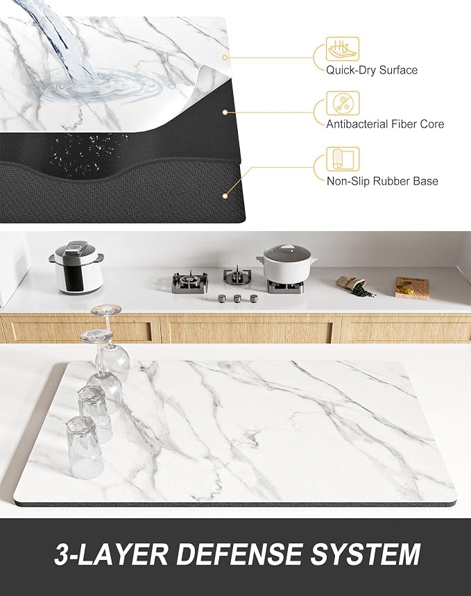 Rnivvi Dish Drying Mat for Kitchen Counter, 12 x 19" Cute Marble Super Absorbent Draining Pad, Non-Slip Heat Resistant Coffee Bar Mats for Coffee Machine Station Accessories, White Dish Rack Pad