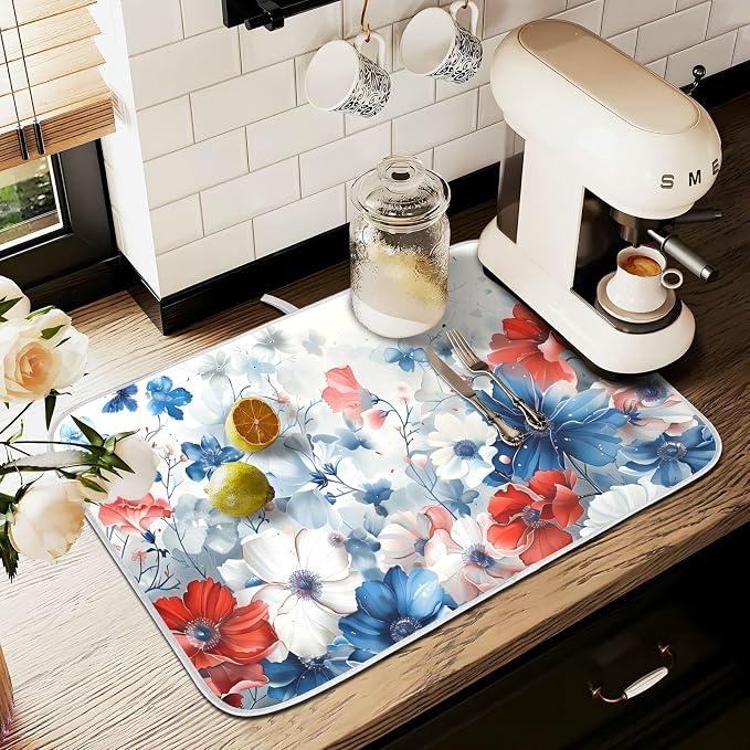 4th of July Patriotic Blue Red White Flowers Dish Drying Mat for Kitchen Counter Absorbent Microfiber Large Independence Day Drying Pad Dish Mats for Kitchen Countertops 18 x 24 Inch