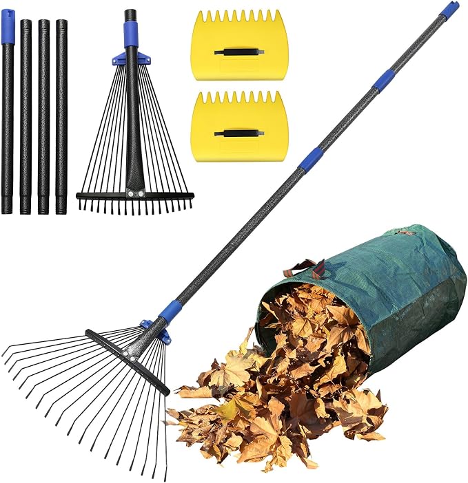 Garden Leaf Rake Set: 18 Tines Adjustable Rake, 2 Leaf Scoops, 32Gallon Leaf Bag, Metal Leaf Rakes with 8-17" Expandable Head, 60” Long Handle, Heavy Duty for Women Kids Lawn Yard Leaves Raking