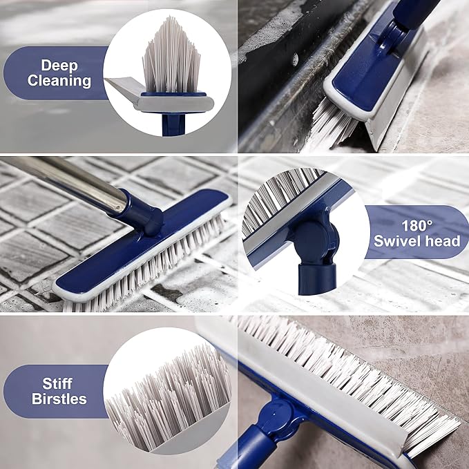 2 in 1 Floor Scrub Brush Grout Brush with 57.8" Long Handle,120°Rotatable Shower Tile Grout Scrubber,V-Shaped Corner Brush for Hard to Reach Areas (Grey)