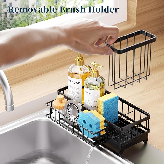 Consumest Sponge Holder for Kitchen Sink - Auto Draining Sink Caddy Organizer with Detachable Rack, High Brush Holder, Kitchen Countertop Storage Accessories, Black-Large