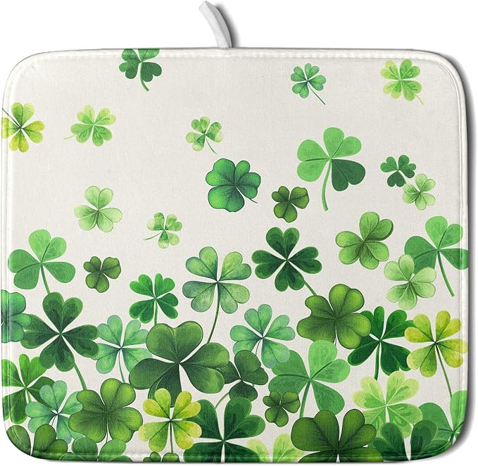 Spring Sage Green Shamrocks Drying Mat 16x18 Inch St. Patrick's Day Irish Shamrock Clover Dish Rack Pad Super Absorbent Dish Drainer Mat Dish Drying Pad Mats Protector for Kitchen Counter Coffee Bar