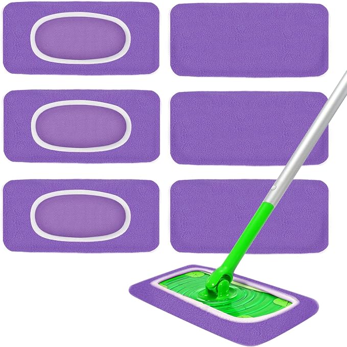 6 Pack Reusable Microfiber Mop Pads - Compatible with Sweeper, Reusable Mop Pads, Washable Dry Cloths & Wet Pads Refill for Hardwood Laminate Tile Floor Cleaning (6, Purple, M)