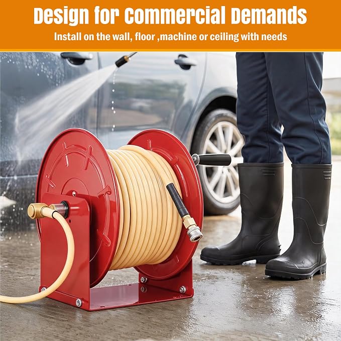 lesolar Pressure Washer Hose Reel100FTx3/8'' / 200FTx1/4'' | Retractable Hand Crank Power Washer Hose Reel,Wall/Floor Mounted Heavy Duty Hose Reel for Water,Red