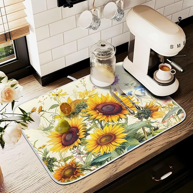 Blooming Sunflowers Dish Drying Mat for Kitchen Counter Absorbent Microfiber Large Drying Pad Dish Mats for Kitchen Countertops 18 x 24 Inch